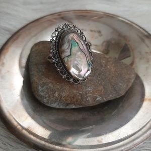 Large filigree abalone cabochon ring